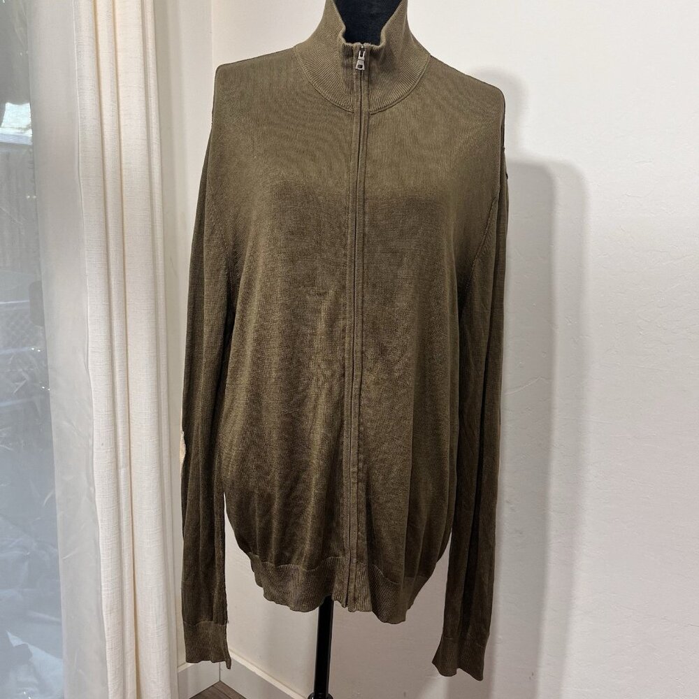 Banana Republic Men’s Silk Cashmere Full Zip Olive Sweater Elbow Patch XL